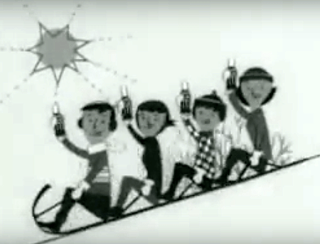 drawing of family on toboggan with Coke